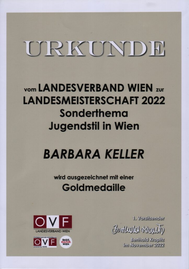 Urkunde für Fotowettbewerb: Auszeichnung für Fotos Sonderthema "Jugendstil in Wien" bei der ÖVF Landesmeisterschaft Wien 2022